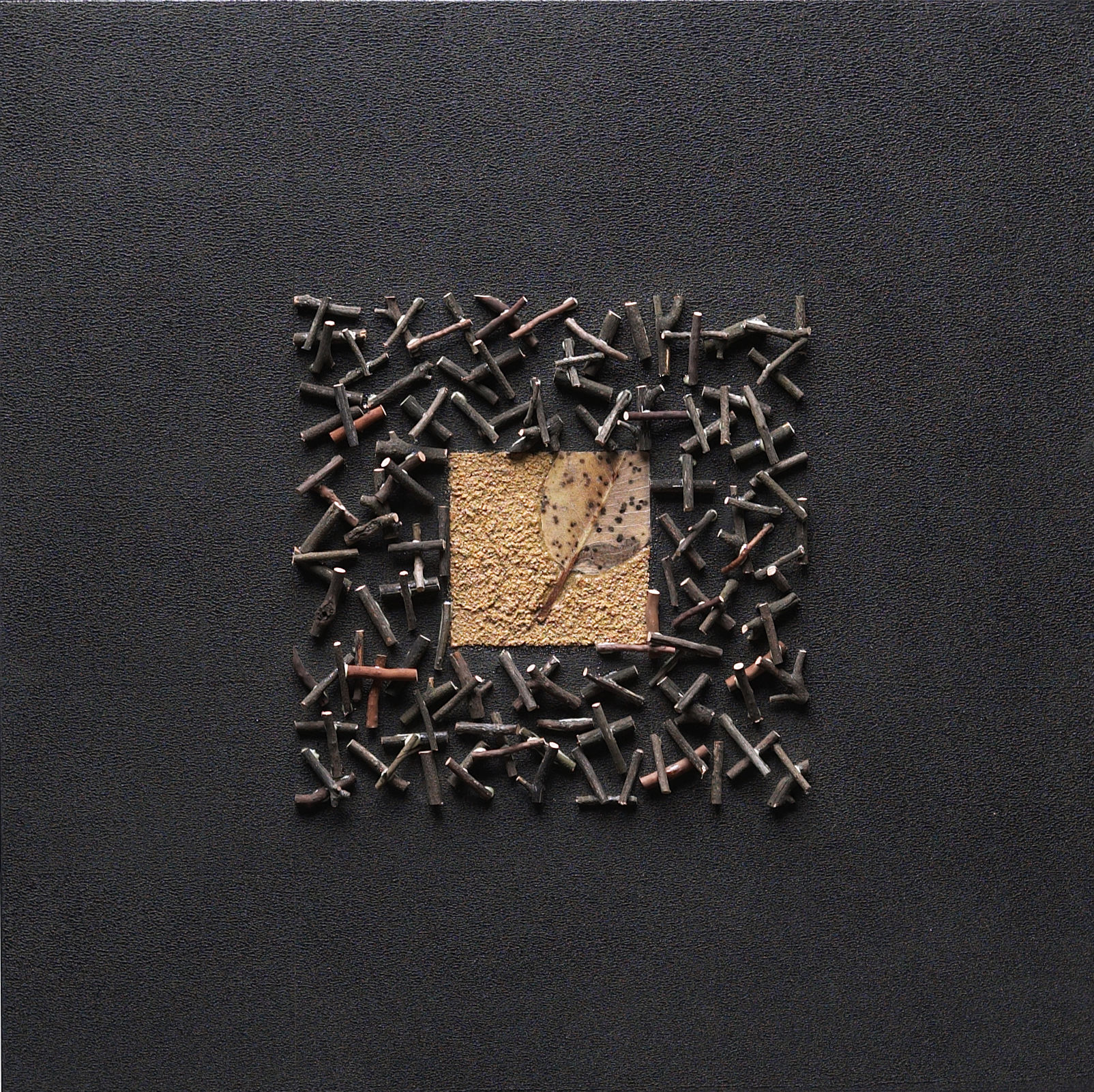 Abstract painting with warm golden tones and geometric shapes